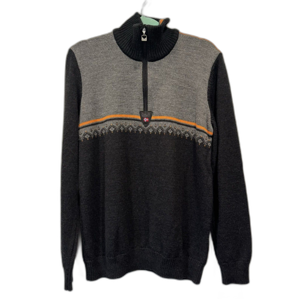 Dale of Norway Sweater Merino Wool Quarter Zip Nordic Black Gray Orange Men XL